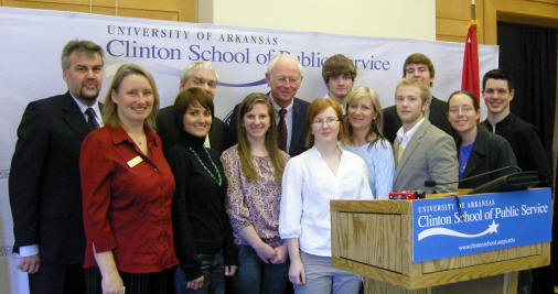 German ambassador Dr. Klaus Scharioth, far left, meets a group of Arkansas State University faculty and students, including Dr. Yvonne Unnold, second from left, and Dr. Clint Relyea, third from left, back row.