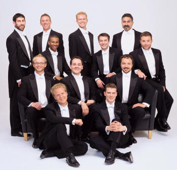 Members of Chanticleer are (standing, from left) Alan Reinhardt, Matthew D. Oltman--music director, Gabriel Lewis-O'Connor, Eric Alatorre. Second row, seated, from left are Michael McNeil, Cortez Mitchell, Gregory Peebles, Brian Hinman, Dylan Hostetter, and Todd Wedge. In foreground, seated, are Jace Wittig and Adam Ward.