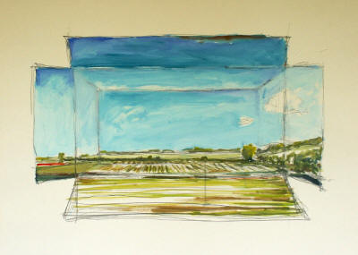"Landscape in a Box," a watercolor by Norwood Creech, emphasizes the horizontal nature of the Delta landscape.