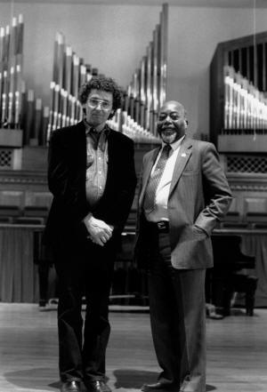 Doug Seroff, left, poses with the late Orlandus Wilson of the Golden Gate Quartet in Fisk Memorial Chapel, Nashville, Tenn. Photo by Robert Cogswell, courtesy of Doug Seroff.