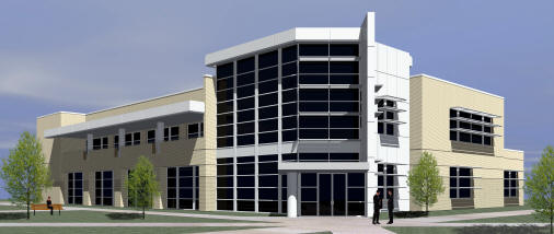 View from the northwest entrance of the Delta Center for Economic Development. Architectural rendering provided by Brackett-Krennerich and Associates Architects.