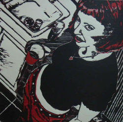 Daryl DePry's 2008 "The doctor reused the syringe; she's already dead" (reductive woodcut), is part of this year's Delta National Small Prints Exhibition.