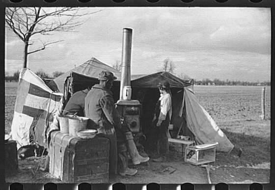 This Farm Service Administration photo by Carl Mydans depicts evicted farmers participating in the Missouri Roadside Demonstration near Sikeston, Mo. The photo is used courtesy of the Library of Congress.