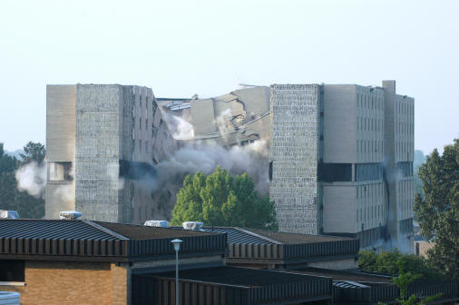Twin Towers implosion, viewed from north of the site. Photo courtesy of Tom Moore, Office of the Chancellor.