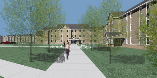 Honors College Residence Hall perspective rendering, looking north, courtesy of Brackett-Krennerich and Associates Architects.