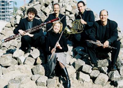 The Ma'alot Quintet is (back row, from left) Volker Tessman, bassoon; Ulf-Guido Schafer, clarinet; and Volker Grewel, horn; (front row, from left) Stephanie Winkler, flute; and Christian Wetzel, oboe.
