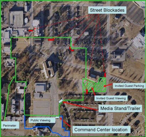 Twin Towers controlled implosion safety zone perimeter map indicates public viewing area, media venue, and parking. Map provided by ASU Facilities Management.