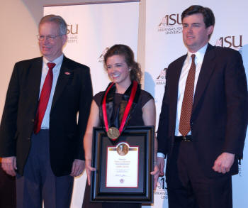 From left, ASU Chancellor Dr. Robert Potts, Anna Callaway, and Perry Wilson gather shortly after Wilson presented Callaway with the 2010 Wilson Award, ASU's highest student honor.