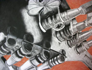Meaghan Rice's "Head,2010," charcoal and cont crayon on paper, delineates the intricate gears and tuning pegs of a mandolin.