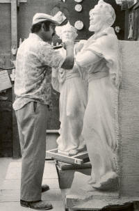 Stone carver Vincent Palumbo puts finishing touches on a statue depicting Saint Peter, destined for the west faade of the Cathedral Church of Saint Peter and Saint Paul, more commonly known as the Washington National Cathedral. Photo by Marjorie Hunt.