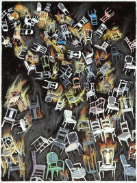 Larry Edwards' "Chairs Falling and Flaming," 2008, goache, ink, watercolor, pastel, and pencil on paper, is on display in "True Grit" at the Bradbury Gallery.