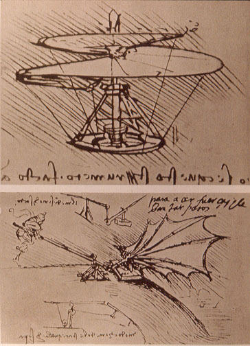 Some drawings of flying machines by Leonardo Da Vinci.