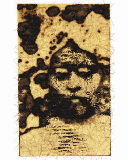 Shelly Gipson's "Decima Nona Atropos, 2009," intaglio with chine coll and hair, 5 x 3 inches, will be on display in this year's Delta National Small Prints Exhibition, opening Thursday, Jan. 21, at ASU's Bradbury Gallery.       