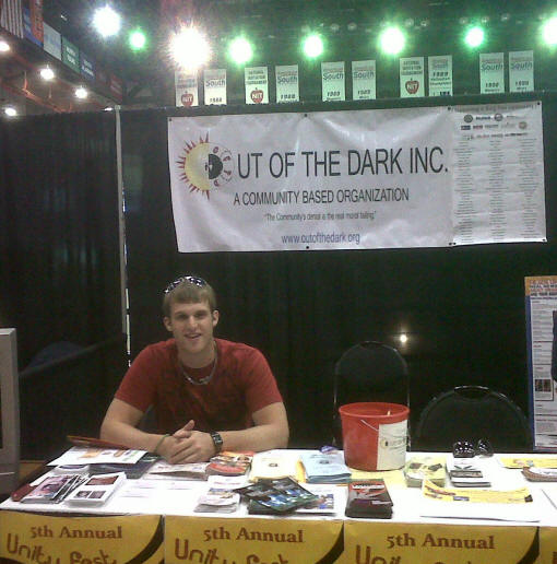 ASU student Chase Mooney promotes Out of the Dark's drug rehabilitation and support groups at the recent ASU Education, Nursing, and Health Professions fair.